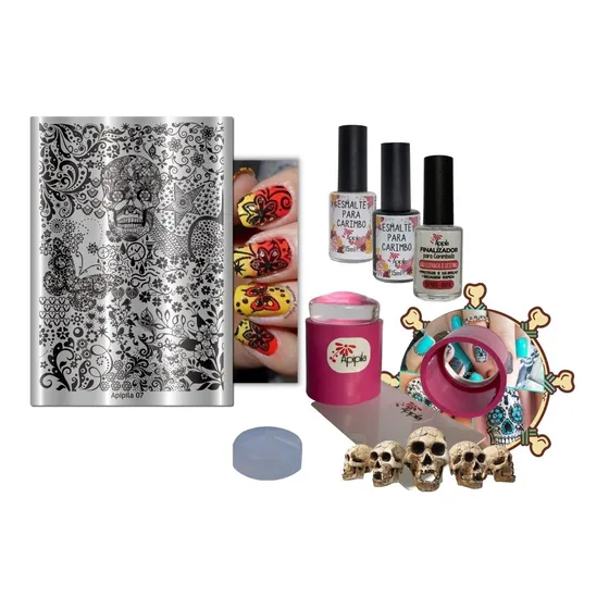 Kit Placa De Carimbo De Unhas  Apipila A07 Halloween Caveira