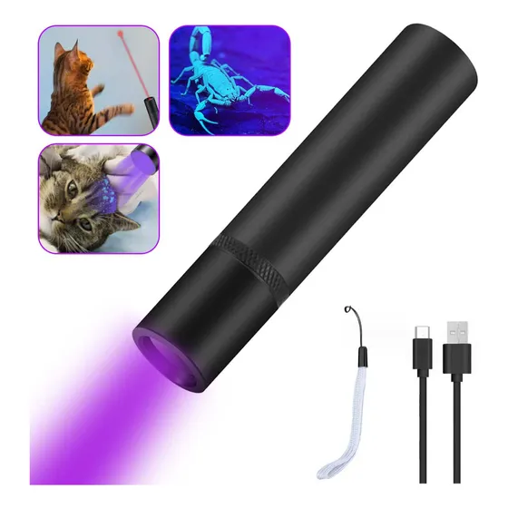 ZARLURY Linterna UV Negra Mini LED Lámpara Recargable, 365nm Ultravioleta LUZ Láser Apuntador Linterna Detector para Orina de Mascotas, Manchas, Escorpiones, Verificación de Billetes