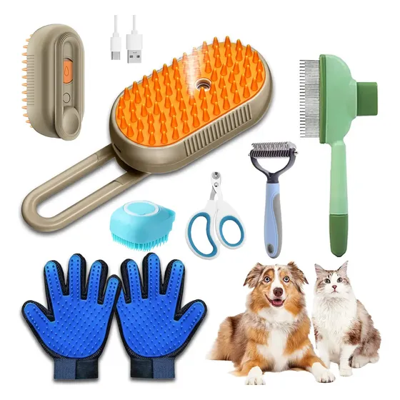 LuzMascota Cepillo Para Perros Y Gatos, 7 Piezas De Aseo Para MascotasPeines De Vapor Para Mascotas, Peines De Nudo Abierto, Guantes Para Quitar El Pelo, Tijeras De Uñas Y Cepillos Para Bañarse