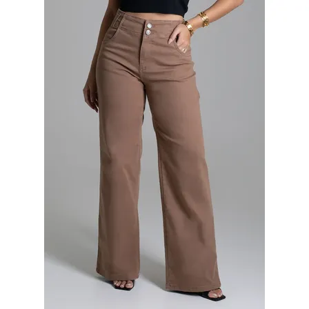 Calça Jeans Feminina Sawary Wide Leg Alta 4 Bolsos