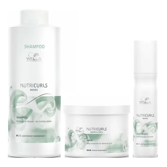 Shampoo Ondas 1000ml + Mascarilla + Spray Wella Nutricurls