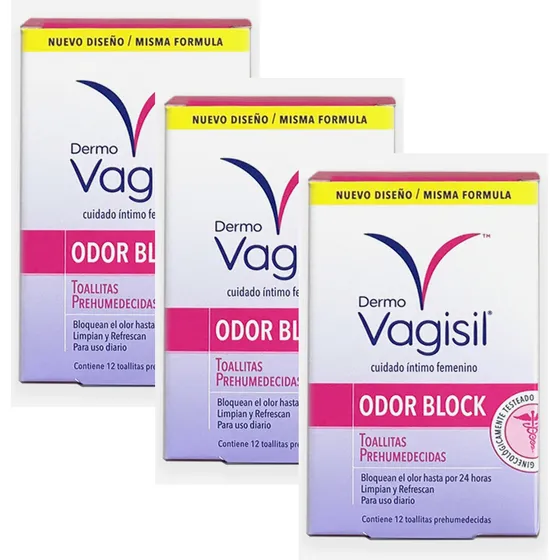 Kit 3 unidades Toallas para Higiene Íntima Femeninas Vagisil Odor Block 12 Unid Individuales c/u