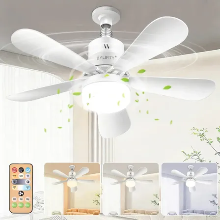 Bylifity Lámpara De Ventilador Luz Led, E26/e27 Ventiladores De Techo Con Control Remoto, 40w Luz De Ventilador Con Foco Led, 40cm, 3000k-6500k/brillo Regulable (blanco)