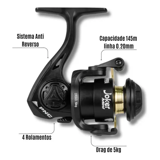 Molinete PNC Joker Mini Preto Ultra Light 4" Carretel Alumínio Manivela Direita/Esquerda