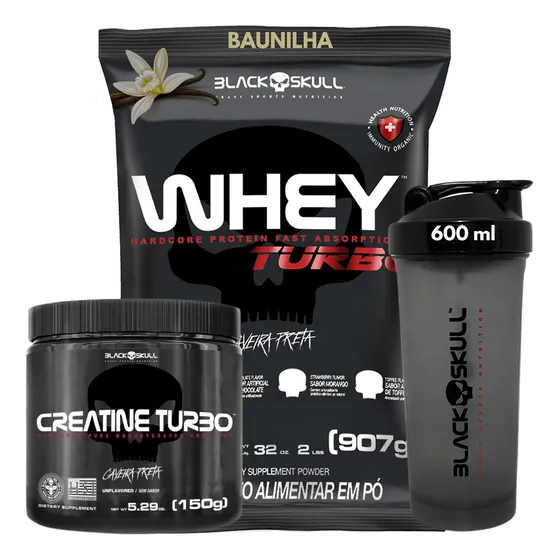Kit Whey Turbo + Creatina 150g + Coqueteleira - Black Skull