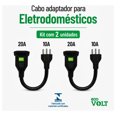 Kit 2 Cabo Adaptador De Tomada Ecovolt 20a X 10a Bivolt 127/220v