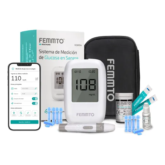 Kit Medidor De Glucosa Aparato Medir Glucometro Digital Diabetes 50 Tiras Reactivas Punzador Estuche Femmto Vgm-04