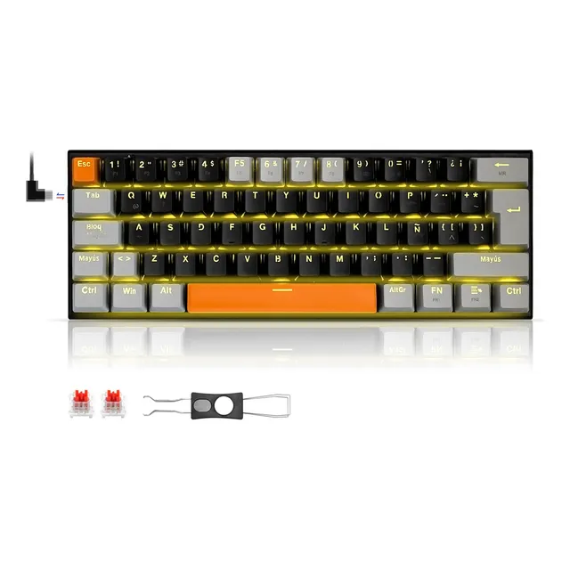 TERPORT Teclado Mecánico 60% E-yooso Z11 Español Latino Luz Amarilla Con Switch Huano Red Hotswap, Teclado Gamer de 62 Teclas Anti-Ghosting