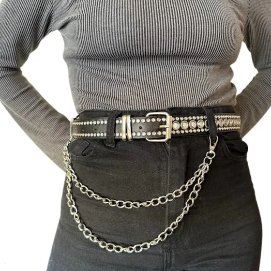 Cinturones Cinto Tachas Negro Ajustable Cadenas Eco Cuero