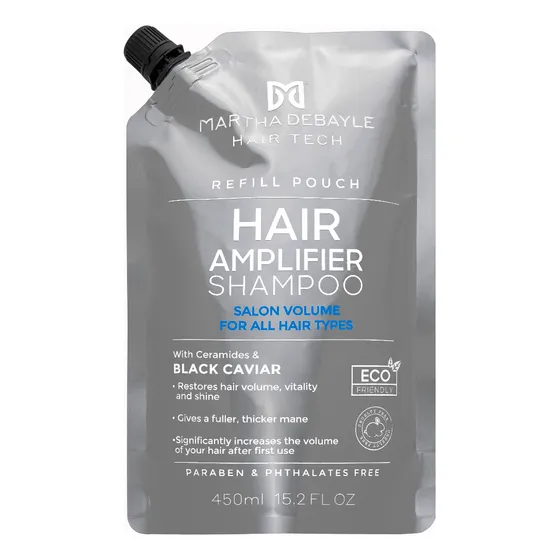 MARTHA DEBYALE HAIR TECH Hair Amplifier Shampoo Pouch. Volumen, con extracto de Caviar Negro, 450 ml.