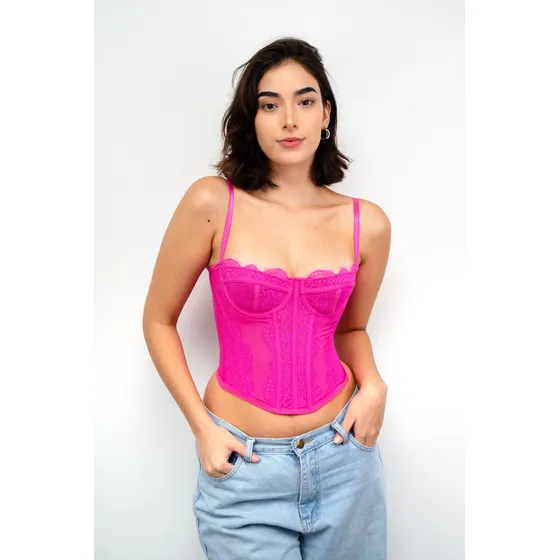 Top Corset Encaje Varillas Bretel Regulable Para Mujer
