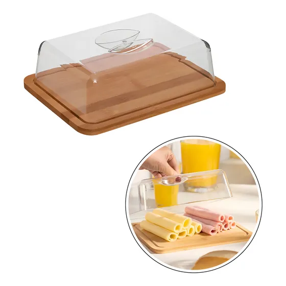 Porta Frios Queijos Frutas Tábua Bambu Com Tampa Geladeira Cor Marrom e transparente
