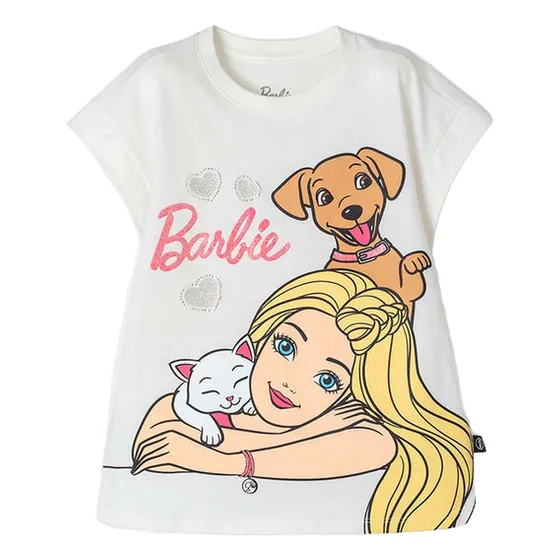 Camiseta De Barbie Manga Corta Marfil Para Niña
