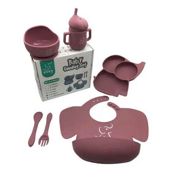 Set Elefante - Babero, Bowl, Plato, Cubiertos Y Vaso (6 Pz) Color Magenta Elefante 6 piezas