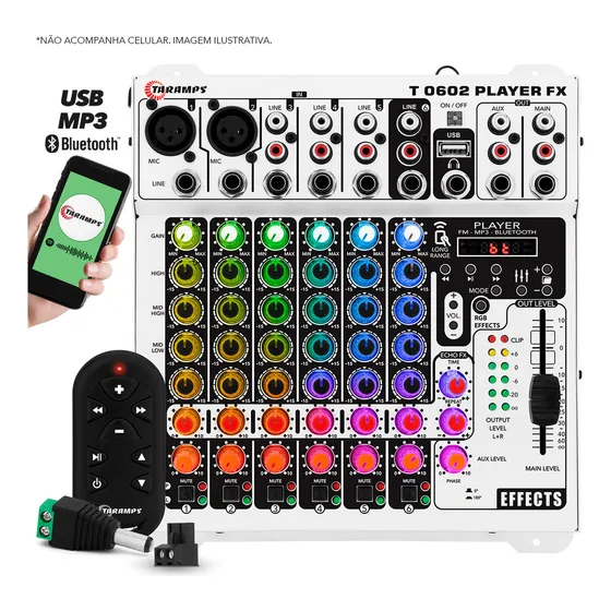 Mesa De Som 6 Canais Player Multicolor T0602 Mixer Taramps T 0602 Equalizador 4 Bandas Mp3 Usb Fm Bluetooth 78 Efeitos Rgb Led 12v Efeito Echo FX Microfone Violão Som Automotivo Profissional Igreja