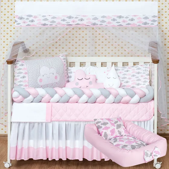L2M kit mini berço nuvem menina com ninho redutor 14 peças cor rosa