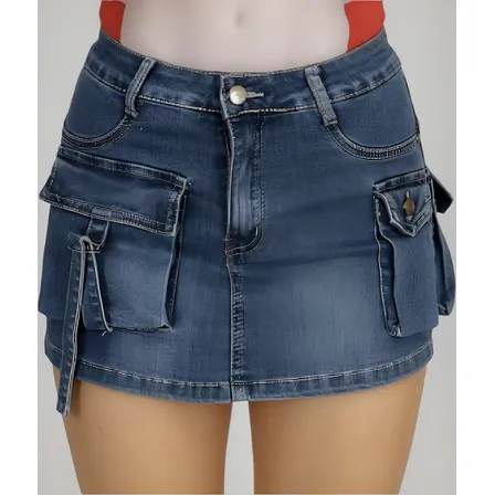 Falda Short Jeans Con Cargo Fullpush Up Tiroalto Elasticado