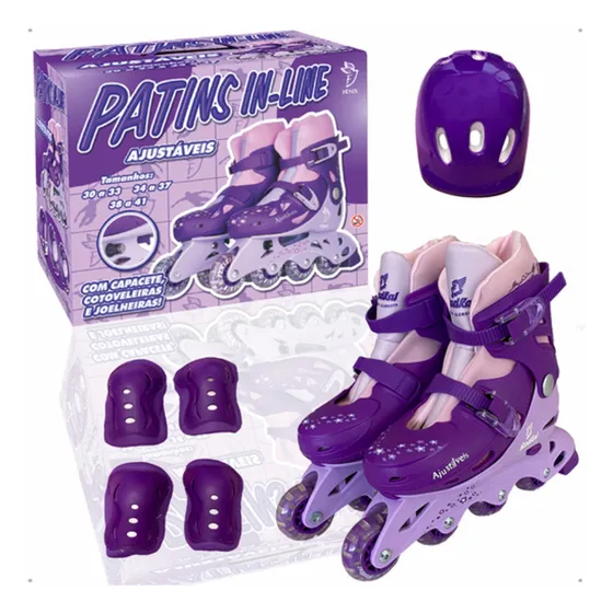 Patins Roller Inline Ajustável Infantil Kit Proteção Fenix
