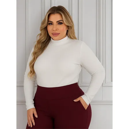 Blusa Feminina Plus Size Manga Longa Gola Alta Canelada