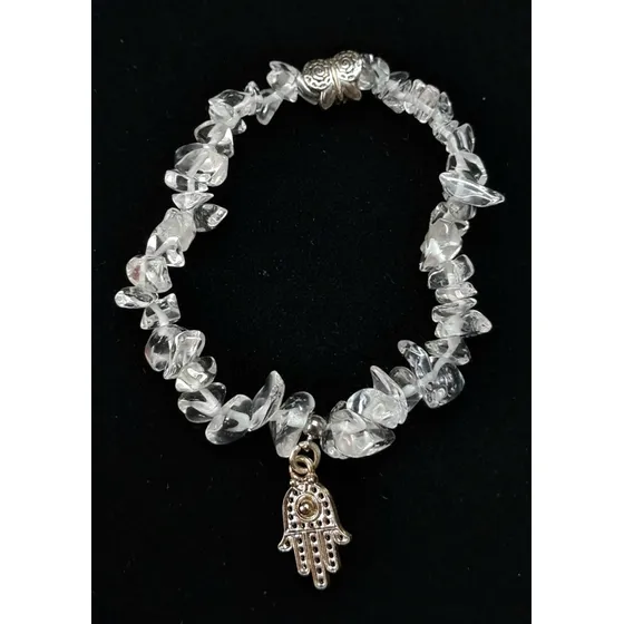 Pulsera Elástica De Cuarzo Cristal Y Mano Hamsa Y Mariposa