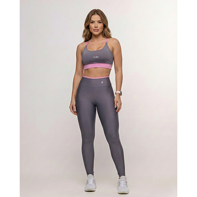 Conjunto Fitness Academia Calça E Top Zero Transparência Cinza/rosa Lisa M