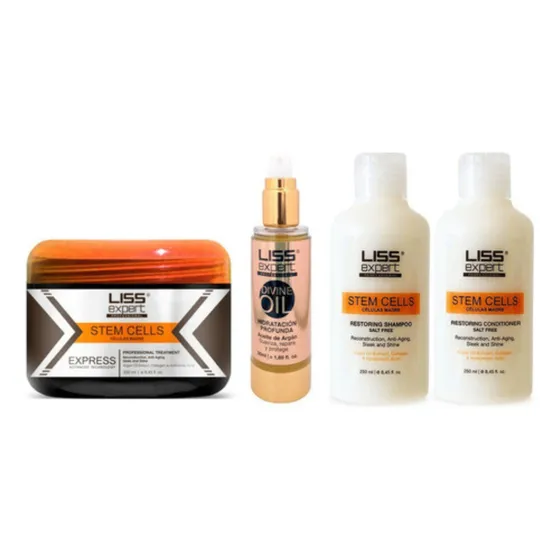 Alisado Progresivo Liss Expert 250ml + Shampoo Sin Sal Liss Expert 250ml+ Acondicionador Sin Sal Liss Expert 250ml + Aceite Argán Liss Expert 50ml