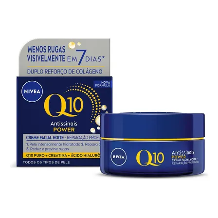 NIVEA Creme Facial Antissinais Q10 Power Noite 49g, Reduz Rugas, Reparação Noturna, Hidratação, Ácido Hialurônico, Cuidado Facial Noturno