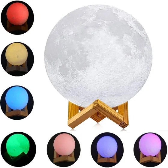 Velador Luz Lampara Luna 3d Grande 18 Cmt Táctil 7 Col Mli Estructura Marrón claro