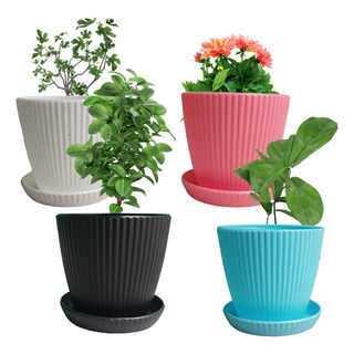 Macetas Con Plato Recolector Set 4 Piezas, Suculenta, Flores Macetas Con Plato Recolector Set 4 Piezas, Suculenta, Flores