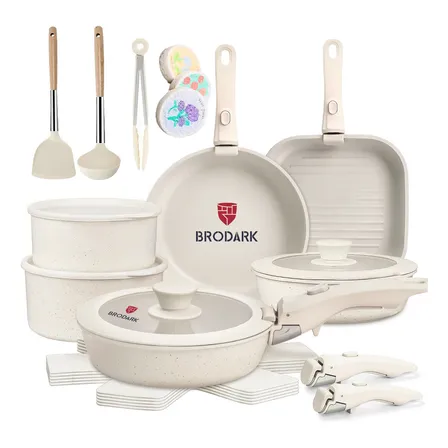 Brodark 23 Piezas Juego De Sartenes Ollas Cerámica Batería De Cocina Utensilios Sartenes Antiadherentes Con Mangos Desmontables Y Tapas De Vidrio Para Inducción, Gas Y Horno Blanco