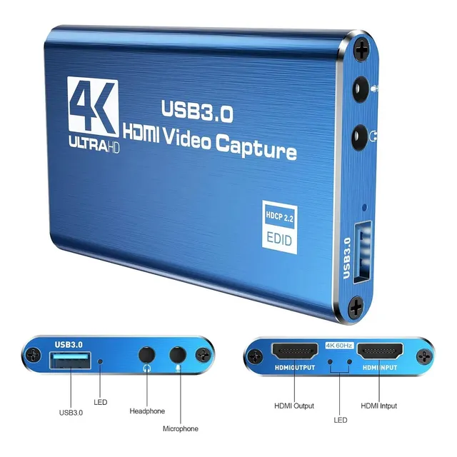 Capturadora de Video HDMI USB 3.0 Tarjeta de Captura de Video y Audio 4K HD 1080P Video Capture con Entrada de Micro de 3.5mm y Salida de Audio para Windows/Linux/OBS cámara PS Xbox y Mas