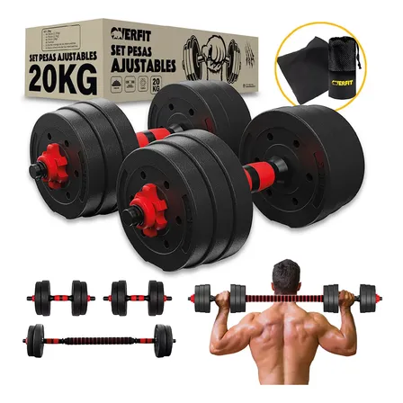 Set Mancuernas Y Barra Unibles 20kg Overfit Fitness Pesas Ajustables Negro
