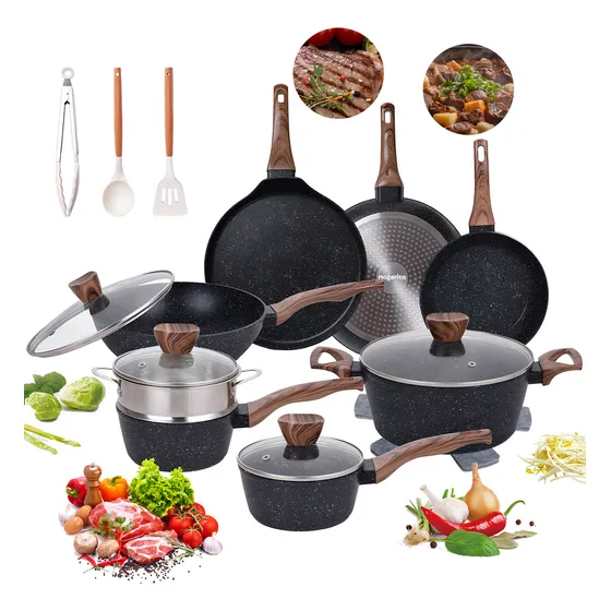 Batería de Cocina Antiadherente de 19 Piezas Sin PFOA, Ollas Sopera, Cacerola y Sartenes Antiadherentes con Tapas, Utensilios de Cocina,Sartenes Y Crepera, Pinzas y Espátula de Silicona Negro