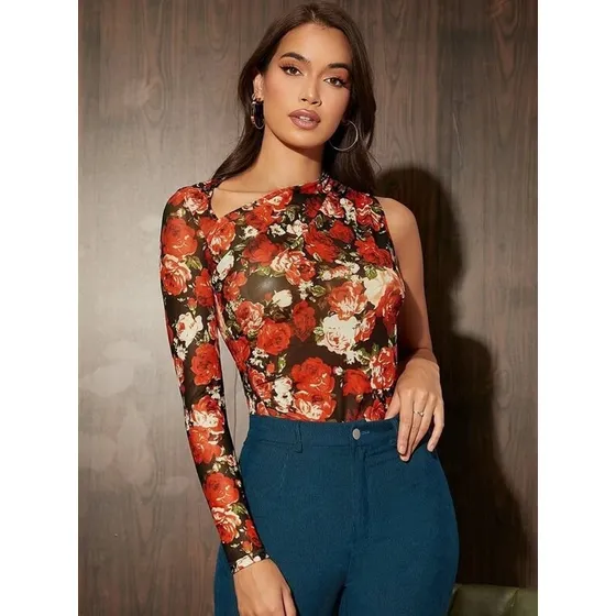 Blusa De Una Manga Larga Estampado Floral De Mujer, Shein 