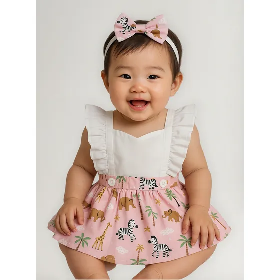 Roupa De Bebê Salopete Safari Menina Top C/ Laço Romper 