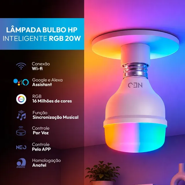 Lampada Led Smart Inteligente Wi-fi 2.4 Ghz Bulbo Hp 20w 2700k/6500k Rgb Colorido E27 110v/220v Cod: 291990301 Neo Avant 127/220v