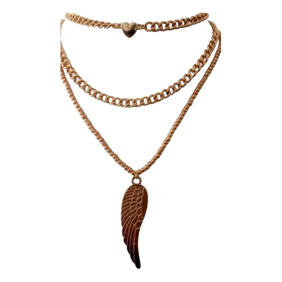 Tres Collares Dorados. Chocker Y Cadenas Con Ala