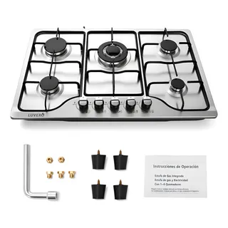 Parrilla Estufa Empotrable 5 Quemadores Gas Acero Inoxidable Plateado