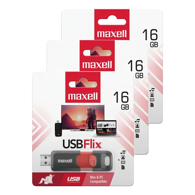 Pack 3 Pendrive Maxell Flix 16gb 2.0 Color Rojo