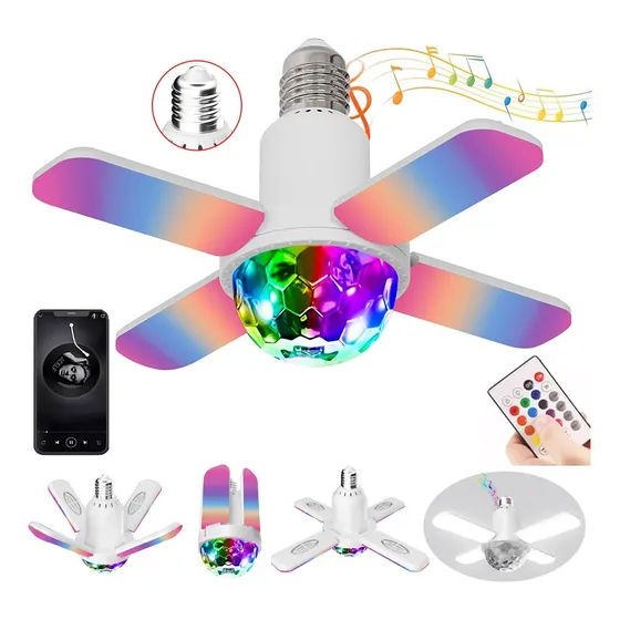 Foco Lámpara Con Bocina Led Rgb Bluetooth Control 4 Aspas