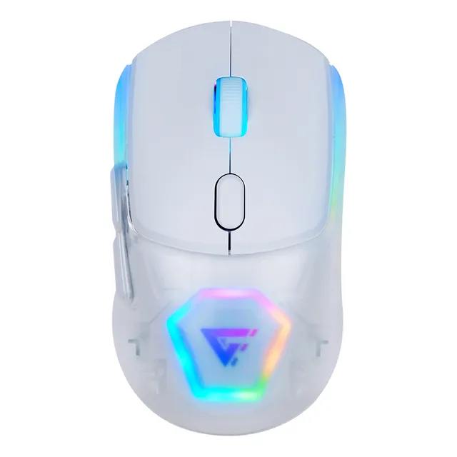 Mouse Gamer Inalámbrico Game Factor MOW700 - Sensor Óptico 26,000 DPI, Iluminación RGB, Conexión 2.4 GHz y Bluetooth, Diseño Ergonómico, Batería Recargable, Compatible con PC y Laptop Color Blanco