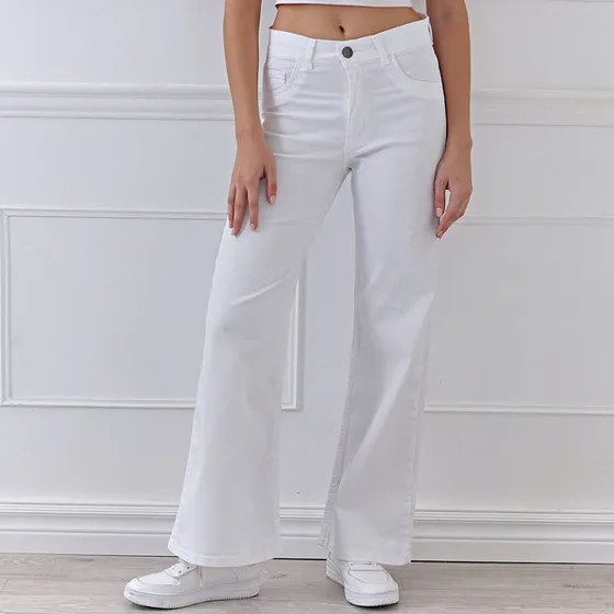 Jean Wide Leg Elastizado De Mujer Clásico Tiro Alto Blanco