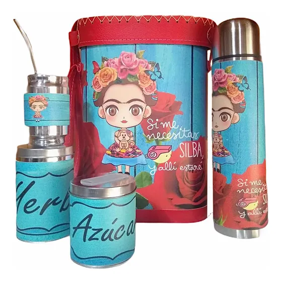 Set Matero Kit Completo Frida Kahlo C/ Frase Termo 1l Acero