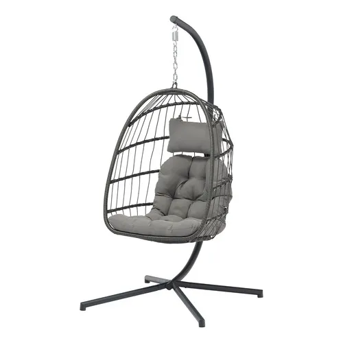 Sillón Colgante Hamaca Mecedora Huevo Símil Rattan Cojín Rex Gris