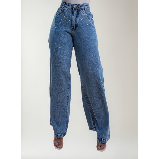 Calça Jeans Feminina Wide Leg Marmorizada Com Strass Fashion Calça Jeans Feminina Wide Leg Marmorizada Com Strass Fashion