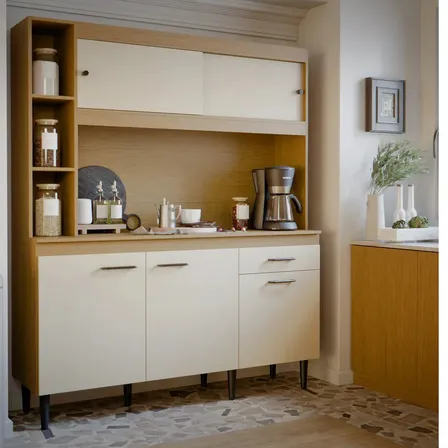 Armário De Cozinha Completa Com Balcão 5 Portas E Gaveta Com Nicho Organizador E Portas De Correr Branco Off White Nature Carvalho Tati