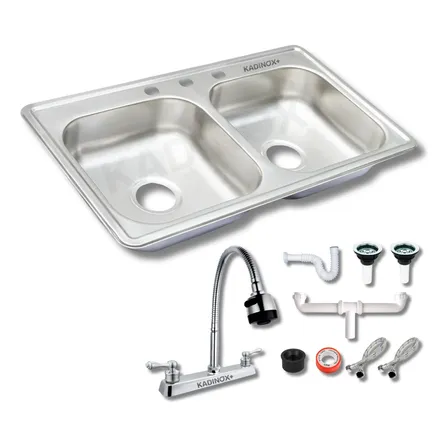 Fregadero Tarja Tina Doble Acero Inox 84×48 Con Kit Mez Flex Acero