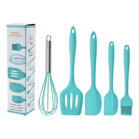 Juego Utensilios Cocina Comida Antiadherente Silicona Acero Celeste