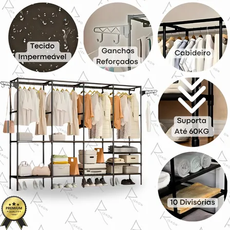 Guarda Roupa Dobravel Closet Aberto Organizador De Roupas Desmontavel E Arara Organizadora 4 Colunas Em Aço Resistente Rishon