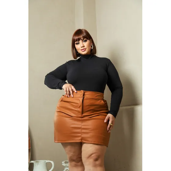 Short Saia Couro Plus Size Feminina Look Inverno Cós Elástic